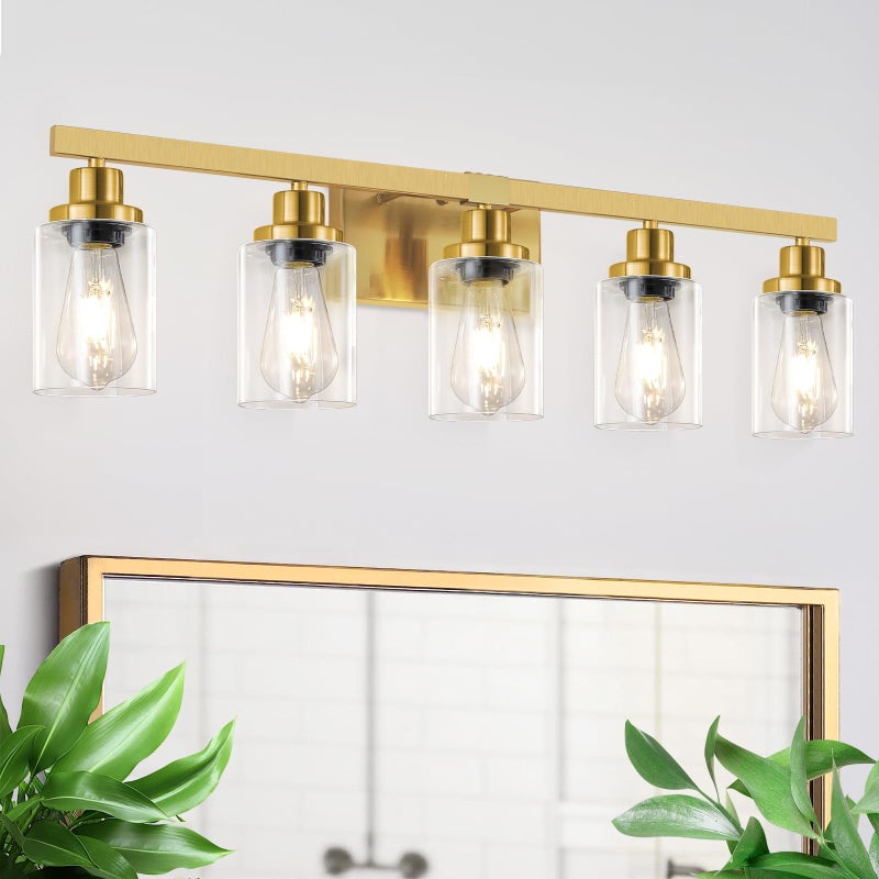 DIKAIDA 5 Light Gold Bathroom Vanity Light Bathroom Light Fixtures 31 Modern Brushed Gold Vanity Lighting Fixtures for Bathroom Over Mirror Gold Sconces Wall Lighting for Bedroom