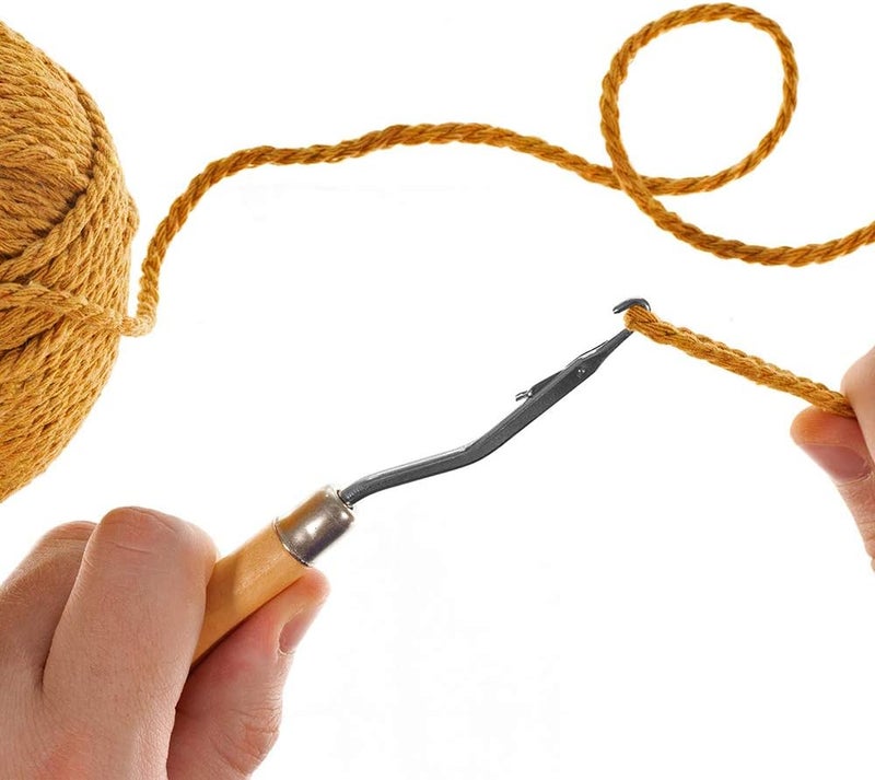 Bent Latch Hook Tool – Latched Rugs and Gridded Projects – Comfortable Grip – Natural Wood Handle