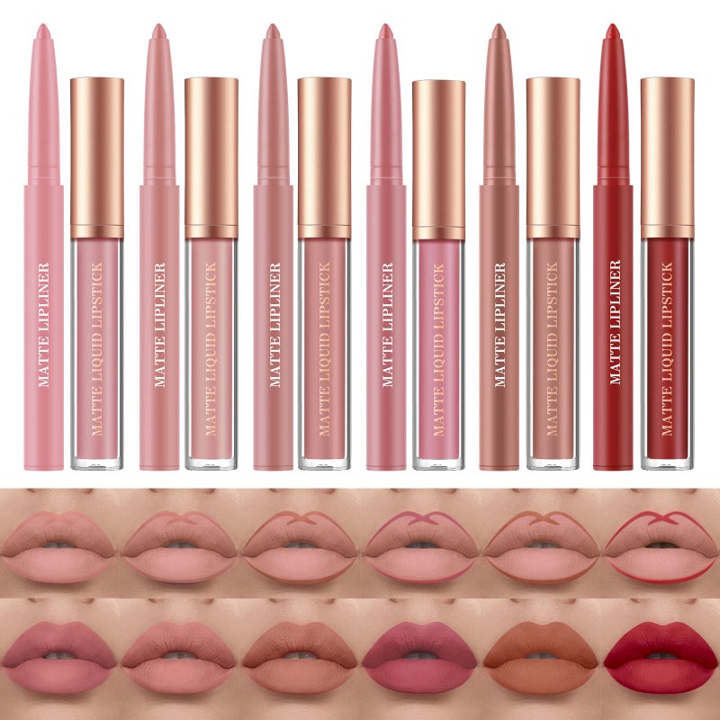 BestLand 12Pcs Matte Liquid Lipstick + Lip Liner Pens Set, One Step Lips Makeup Sets Pigment Velvety Nude Lip Stain Waterproof Long Wear Lip Gloss Make up Gift Set (Set C) - Image 1