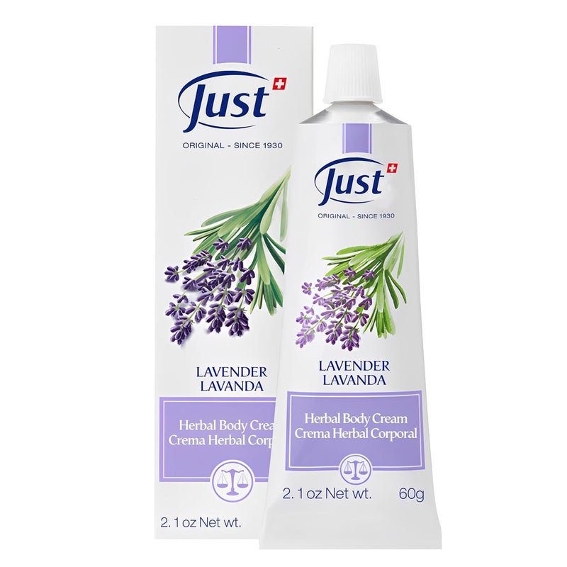 SwissJust Swiss Just Lavender Cream 60g - Herbal Cream with Lavender Oil, Witch Hazel, and Aloe Vera - Eases Discomfort for Burns, Dermatitis, and Itchy Skin