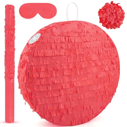 Adecortalk Red Round Blank Pinata Circle Folding Pinata with Bat Stick Blindfold Confetti for Kids Birthday Wedding Celebration Baby Shower Carnival Party Supplies13 x 13 x 315 Inches - Image 1