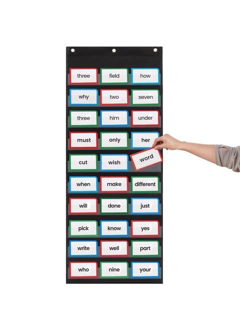 - 17" Wide X 44" Tall Pocket Chart, Black - Sturdy Pocket Chart For Classroom For Sentence Strips - Easy To Use & Hang, Reusable Black Pocket Chart