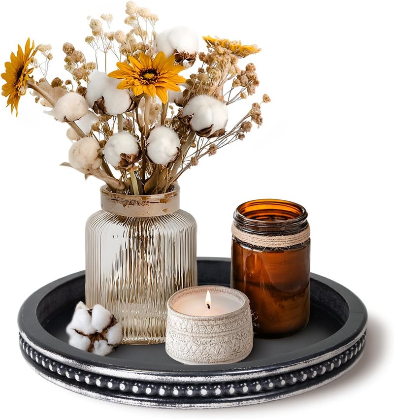 CEDARLUX Wooden Round Decorative Tray, Small Wood Coffee Table Tray, Beaded Serving Tray, Modern Farmhouse Black Tray for Home Decor, Living Room, Dining Room, Entryway - Image 1