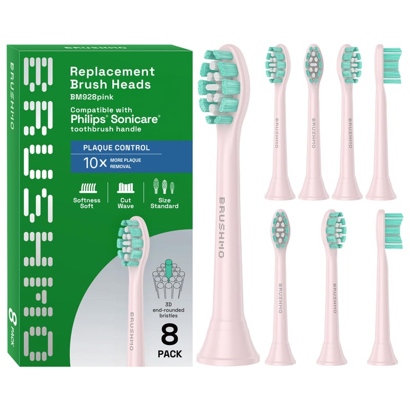 Brushmo Plaque Control Replacement Toothbrush Heads Compatible with Philips Sonicare Clickon Electric Toothbrush Handles 8 Standard Replacement Heads Soft Dupont Bristles BM928pk Pink