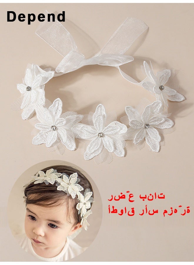 Depend Baby Girls Flower Headbands Cute Kids Christening Headband Soft Lace Hairbands Floral Crown Newborn Infant Toddlers Hair Accessories For Birthday Party Photography White Rhinestones Pearl - Image 1