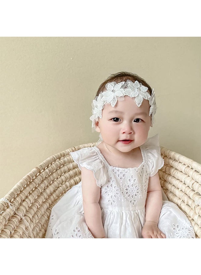 Depend Baby Girls Flower Headbands Cute Kids Christening Headband Soft Lace Hairbands Floral Crown Newborn Infant Toddlers Hair Accessories For Birthday Party Photography White Rhinestones Pearl - Image 5