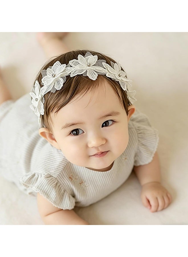 Depend Baby Girls Flower Headbands Cute Kids Christening Headband Soft Lace Hairbands Floral Crown Newborn Infant Toddlers Hair Accessories For Birthday Party Photography White Rhinestones Pearl - Image 2
