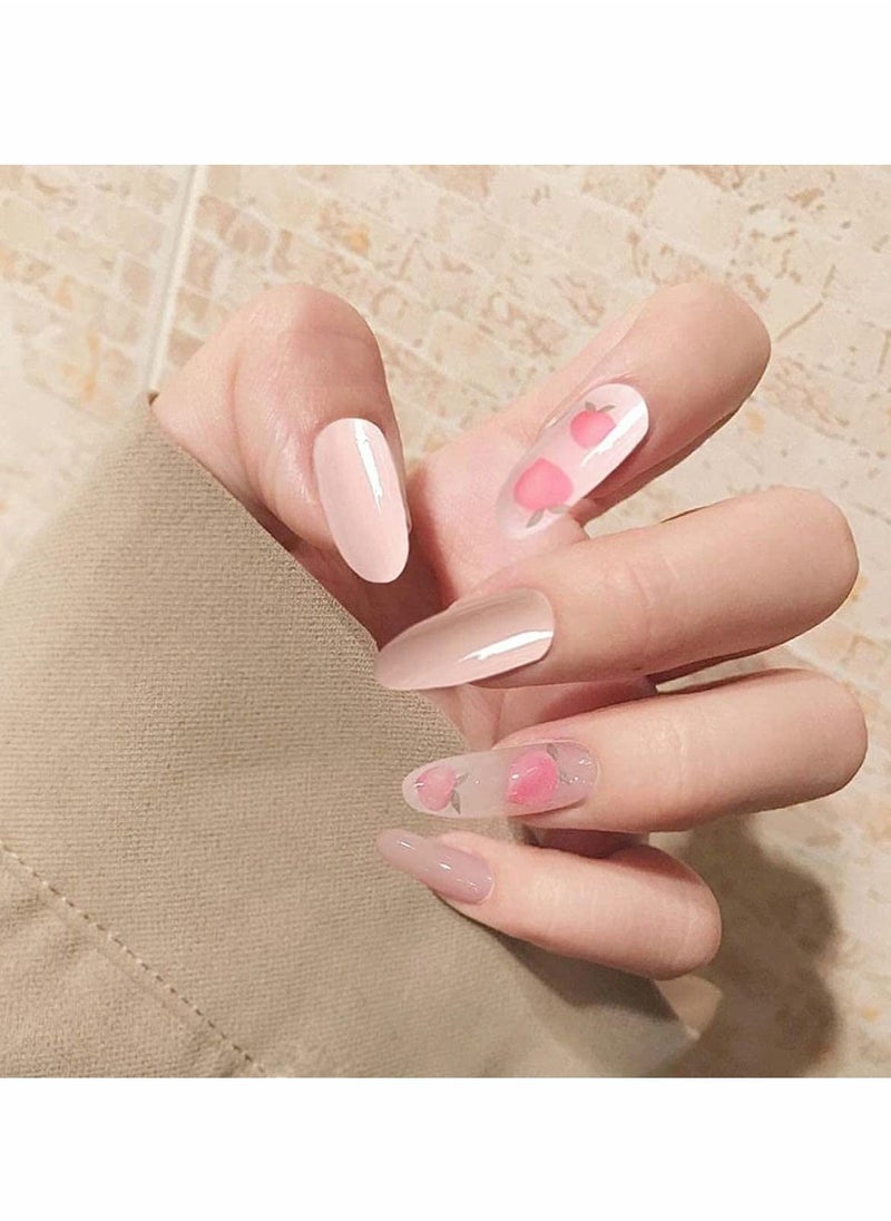 Excefore - Glossy False Nails, Acrylic Pink Peach Pattern Press on Nails, Long Oval False Fake Nails Full Cover Artificial Nail Tips for Girls and Women Manicure Daily Use 24Pcs - Image 1