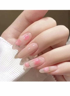 Glossy False Nails, Acrylic Pink Peach Pattern Press on Nails, Long Oval False Fake Nails Full Cover Artificial Nail Tips for Girls and Women Manicure Daily Use 24Pcs