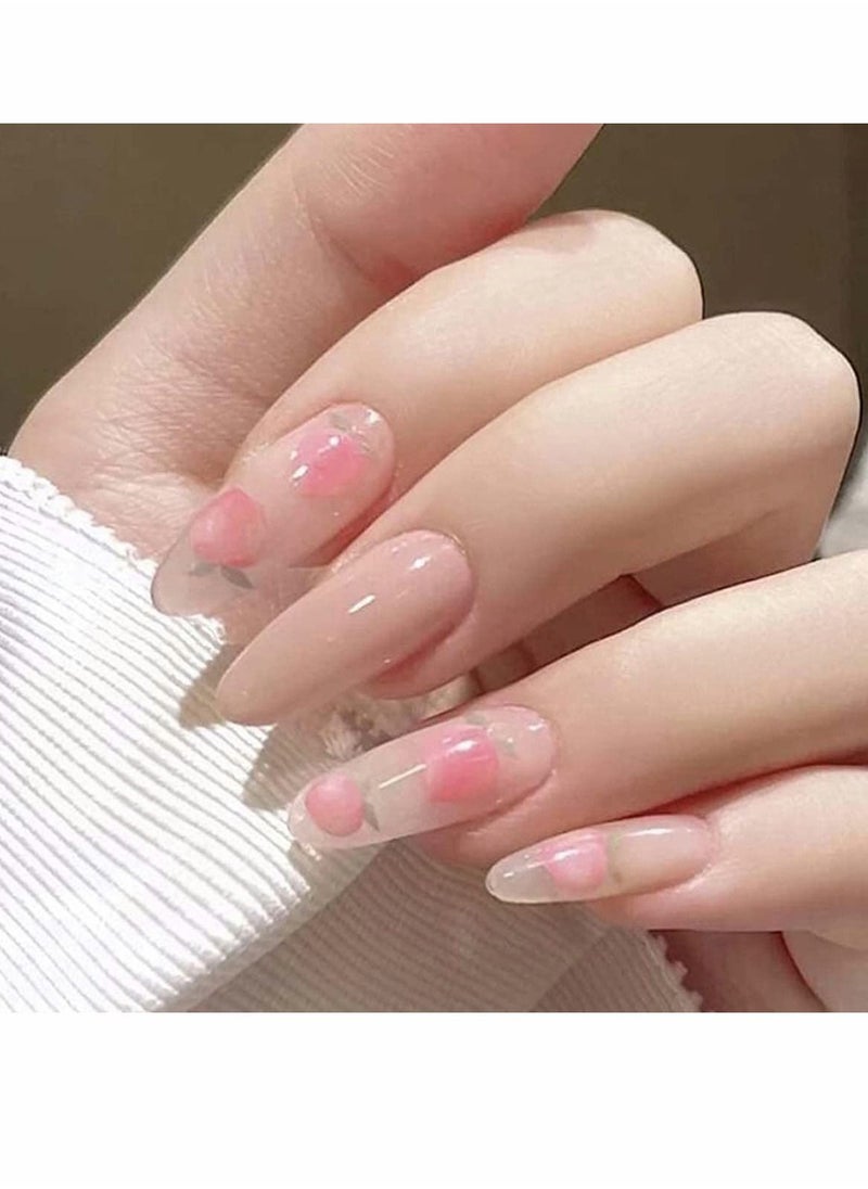 Excefore - Glossy False Nails, Acrylic Pink Peach Pattern Press on Nails, Long Oval False Fake Nails Full Cover Artificial Nail Tips for Girls and Women Manicure Daily Use 24Pcs - Image 1