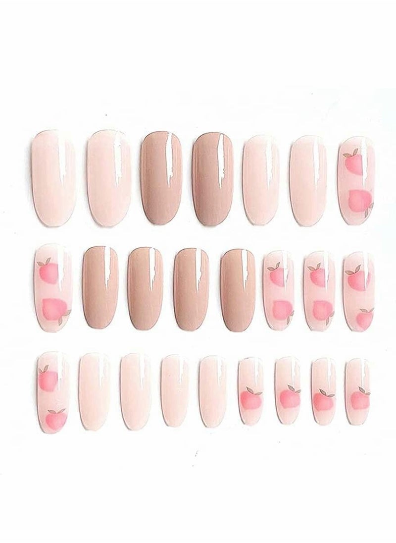 Excefore - Glossy False Nails, Acrylic Pink Peach Pattern Press on Nails, Long Oval False Fake Nails Full Cover Artificial Nail Tips for Girls and Women Manicure Daily Use 24Pcs - Image 1