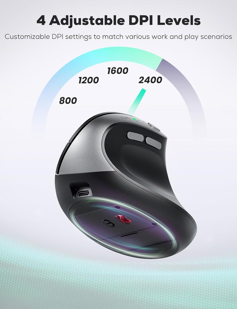 فأرة نوليا MD280 اللاسلكية العمودية المريحة - وضع مزدوج بلوتوث و2.4G، 4 مستويات DPI قابلة للتعديل 800/1200/1600/2400، قابلة للشحن، نقرات هادئة، بدون تأخير، 6 أزرار - مثالية لأجهزة الكمبيوتر المحمولة، أسود - Image 5