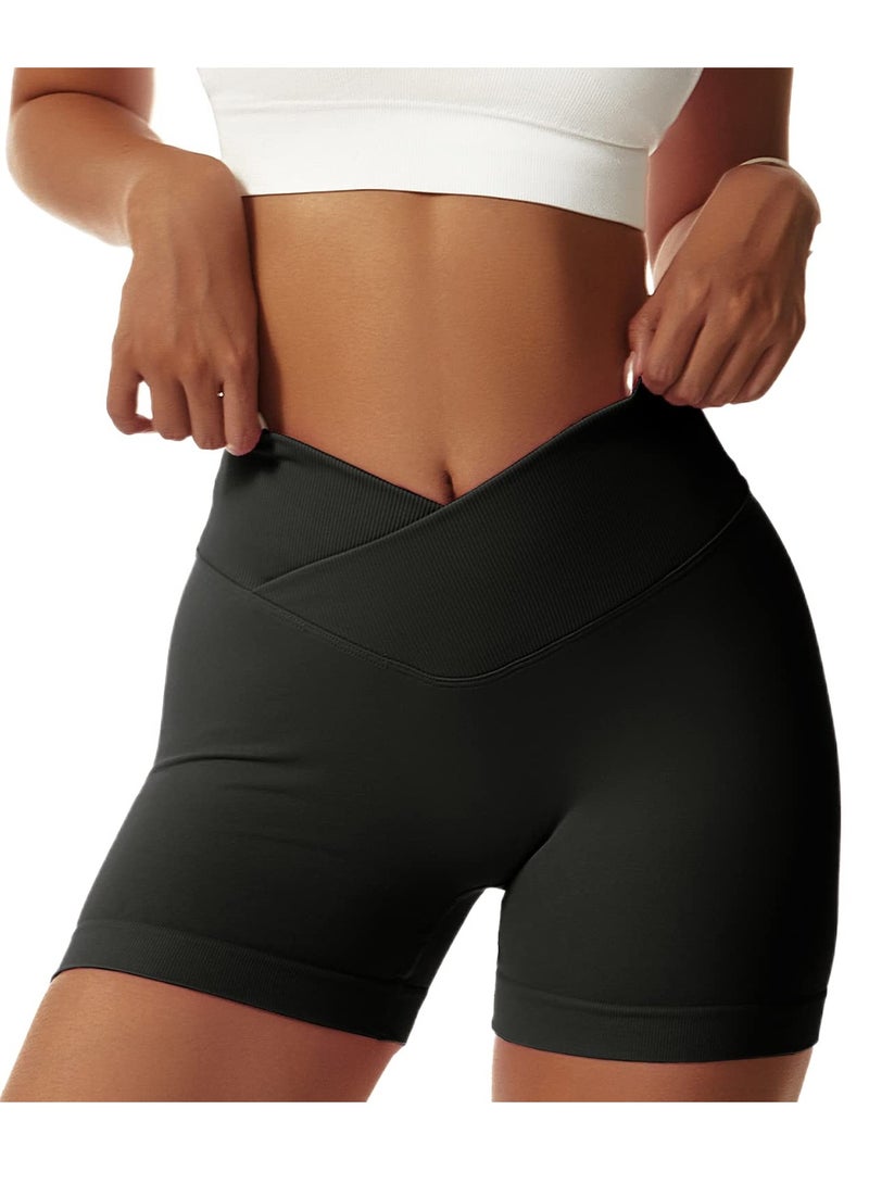 Excefore شورت رياضي نسائي بقصة V Cross Elastic Push Up Yoga Shorts مع ثنيات على شكل مؤخرة وخصر مرتفع، مقاس L - Image 1