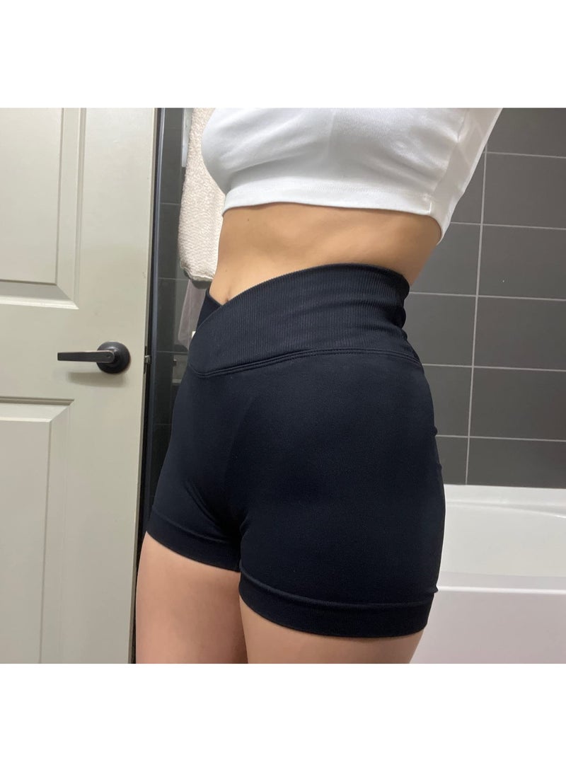 Excefore شورت رياضي نسائي بقصة V Cross Elastic Push Up Yoga Shorts مع ثنيات على شكل مؤخرة وخصر مرتفع، مقاس L - Image 5