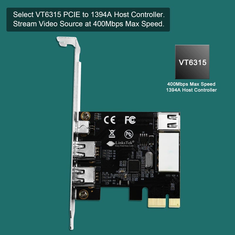LinksTek 4-Ports 1394A PCIE FireWire 400 Expansion Card for Windows Desktop PCs, 3X 6Pin and 1X 4Pin 1394A 400Mbps Ports, with 4Pin-6Pin 1394A Cables and Low Profile Bracket (PCIE-1394A) - Image 2