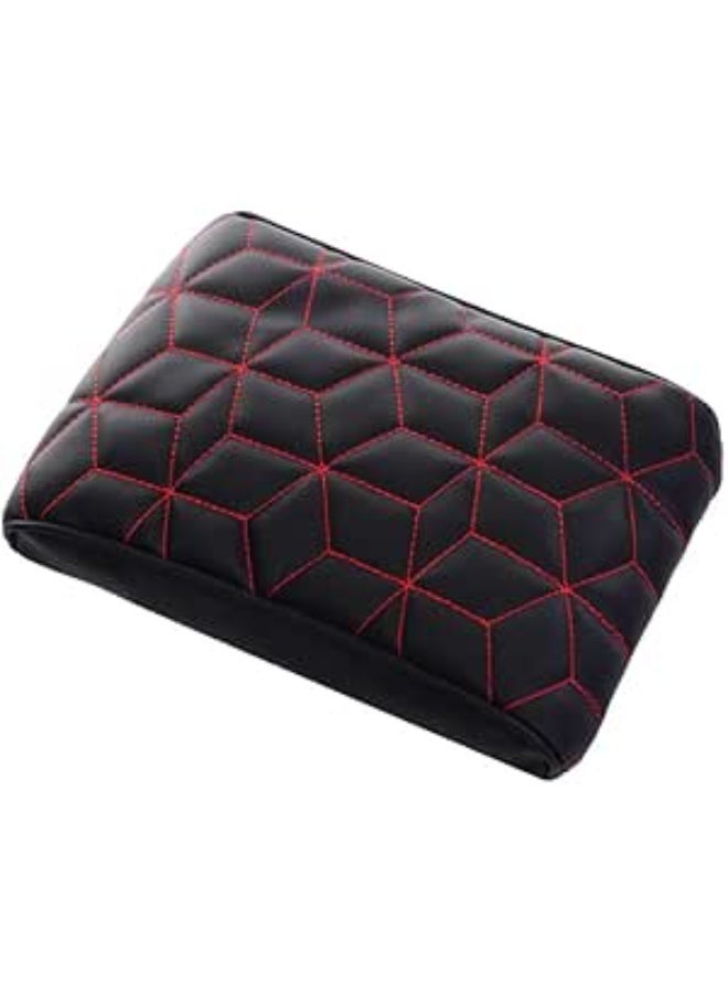 Leather Center Console Armrest Cushion with Memory Foam for Most Cars, Oval Stitched Shape - Red/Black - Image 2