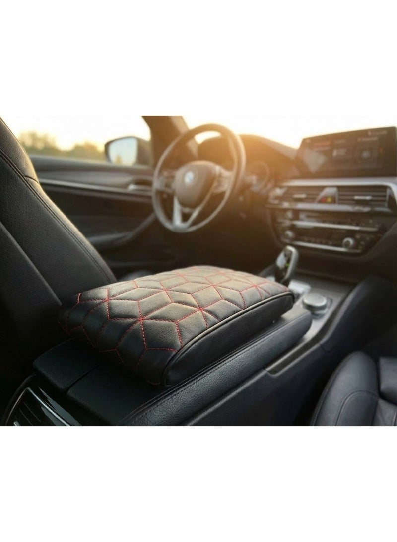 Leather Center Console Armrest Cushion with Memory Foam for Most Cars, Oval Stitched Shape - Red/Black - Image 1