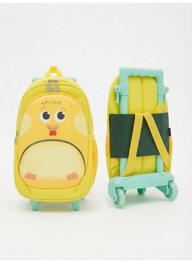 Yellow 3D preschool trolley bag (with wheels) featuring a chick design; includes two zippers and is size 12, suitable for ages 3 and up. - Image 1