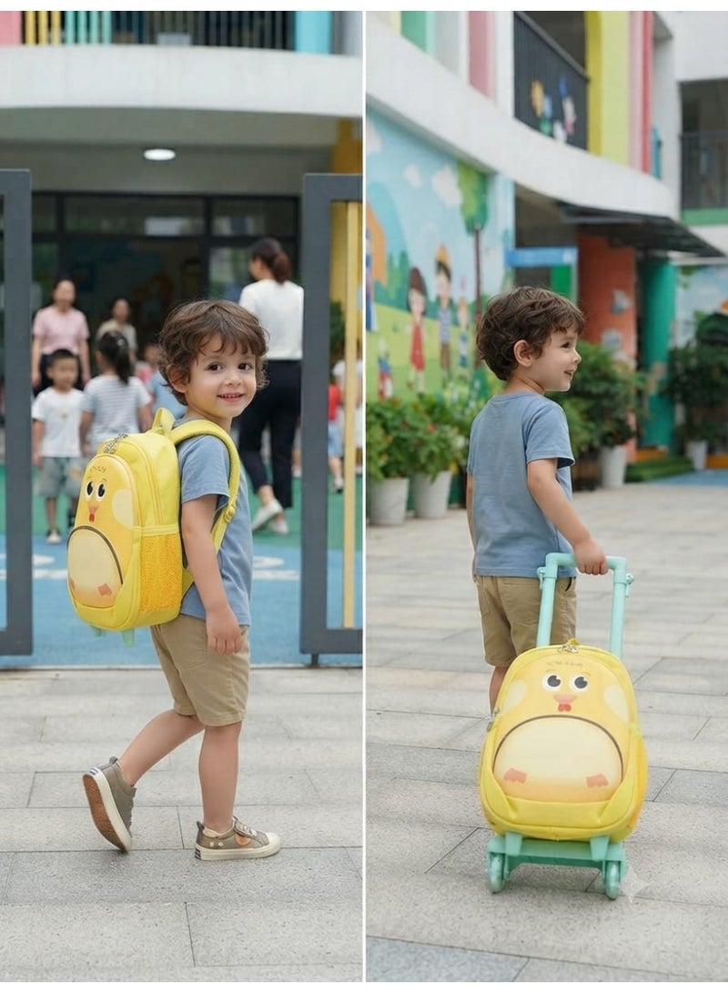 Yellow 3D preschool trolley bag (with wheels) featuring a chick design; includes two zippers and is size 12, suitable for ages 3 and up. - Image 5