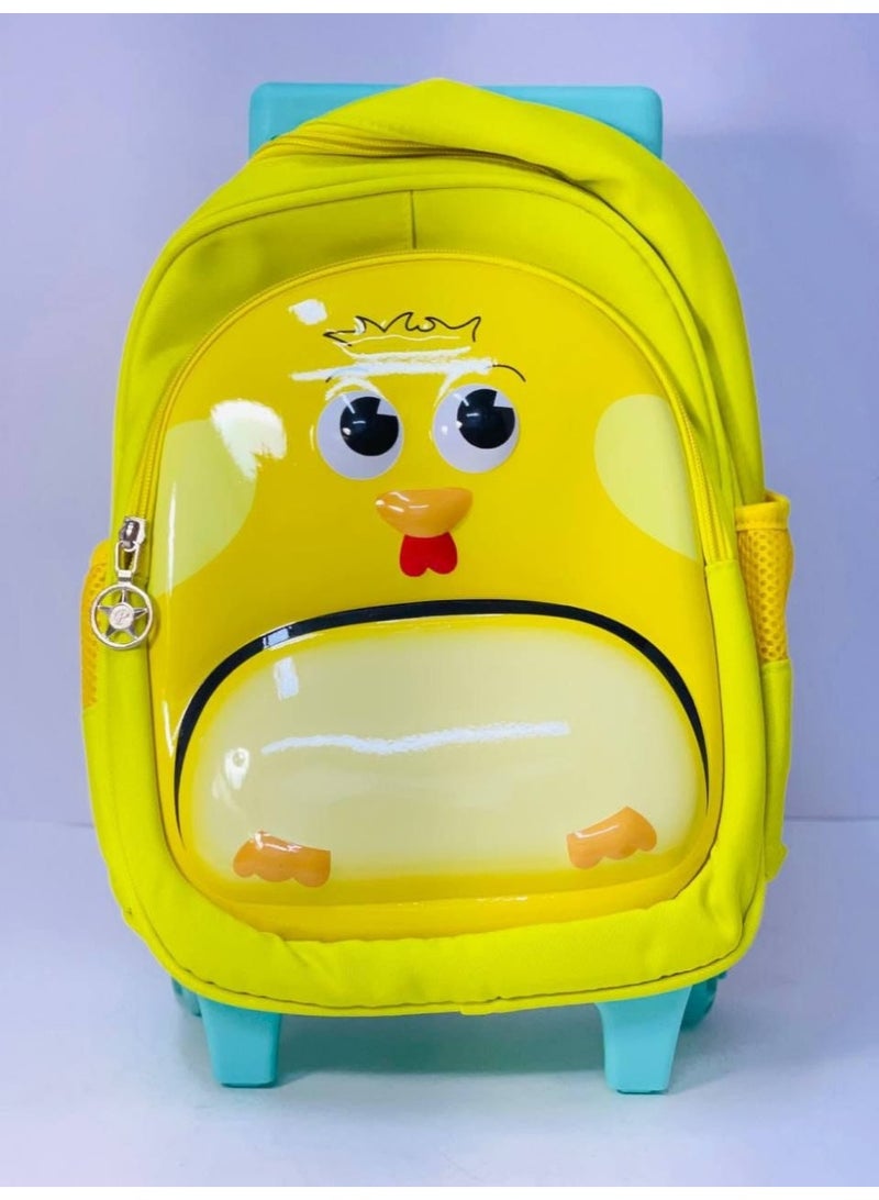 Yellow 3D preschool trolley bag (with wheels) featuring a chick design; includes two zippers and is size 12, suitable for ages 3 and up. - Image 3