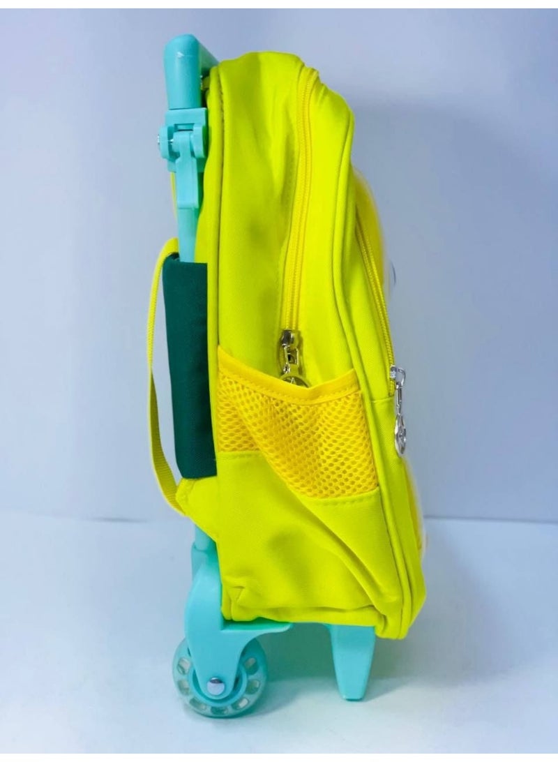 Yellow 3D preschool trolley bag (with wheels) featuring a chick design; includes two zippers and is size 12, suitable for ages 3 and up. - Image 4