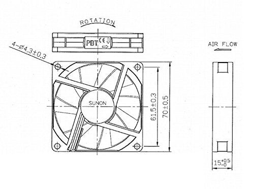 Sunon 70x70x15mm KDE1207PHV3 2Pin/2Wire 12v Low Speed Fan (4 Pack) - Image 3