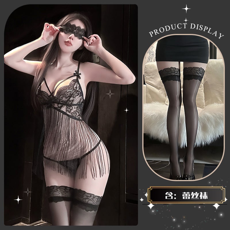 Elegant Lace Hollow-Out Underwear Set with Tassel Details - Stylish Fashion for Women