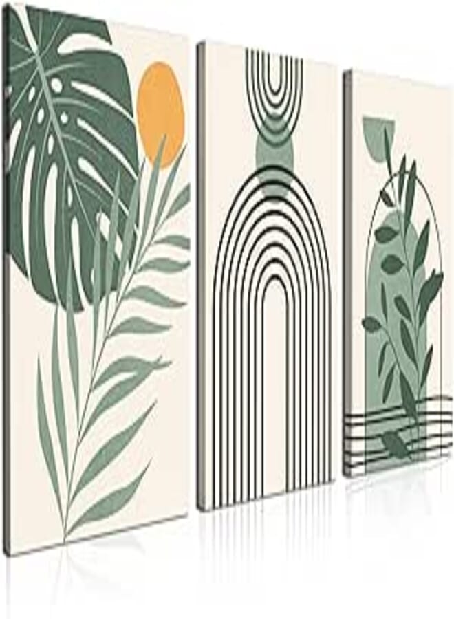 Boho Wall Art Set of 3 Mid Century Modern Wall Decor Abstract Geometric Prints Black Green Plant Sun Natural Framed Canvas Prints Artwork Ready To Hang for Living Room Bathroom Bedroom 12x16inch 