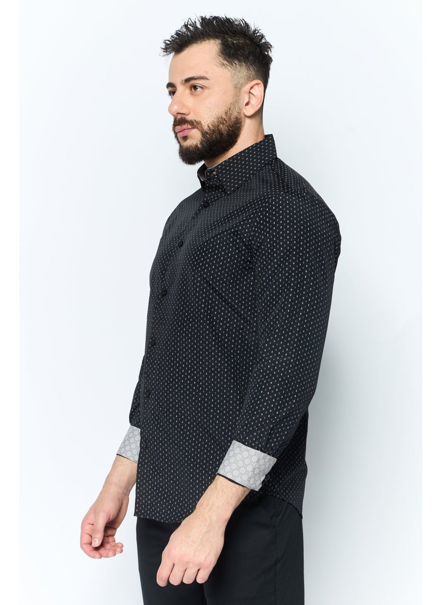 English Laundry Men Slim Fit Allover Print Long Sleeve Dress Shirt, Black  - Image 3