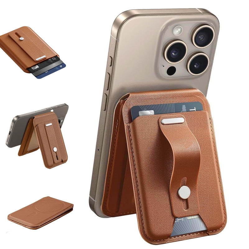 YLmeet Magnetic Wallet Stand, MagSafe Wallet with Finger Loop Grip, Adjustable, Black Carbon Fiber, Compatible with iPhone 15/14/13/12 - Brown - Image 2