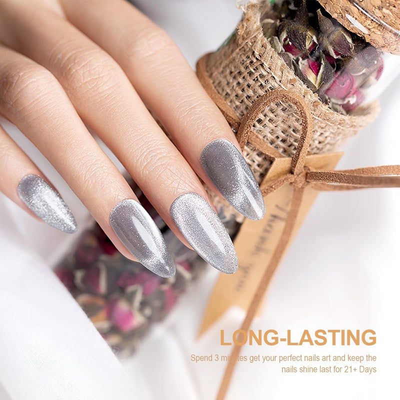 RARJSM Silver Cat Eye Gel Nail Polish 9D Cateye Galaxy Universal Glitter Shimmer Velvet Ice Gel Polish Single Bottle 15ml with Magnetic Stick UV LED Curing Requires Soak Off Home Salon DIY Manicure - Image 3
