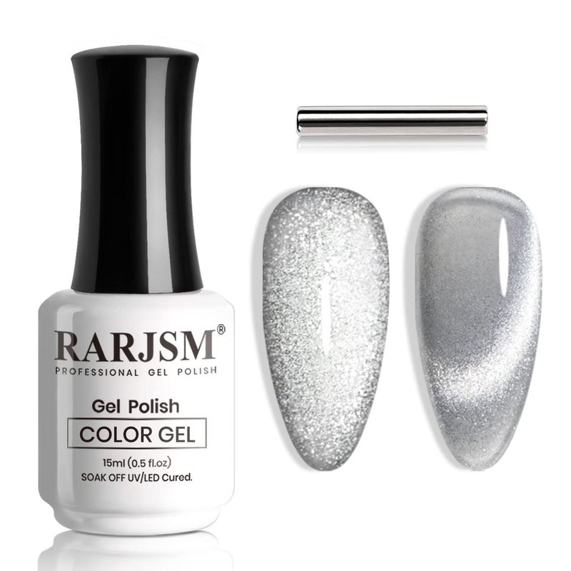 RARJSM Silver Cat Eye Gel Nail Polish 9D Cateye Galaxy Universal Glitter Shimmer Velvet Ice Gel Polish Single Bottle 15ml with Magnetic Stick UV LED Curing Requires Soak Off Home Salon DIY Manicure - Image 1