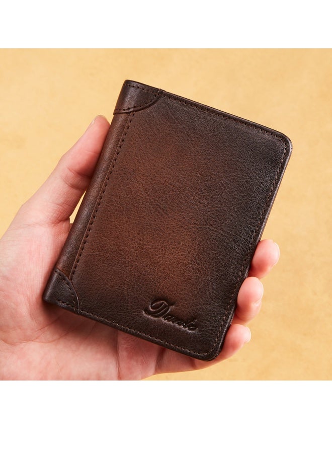 Dante Men's Wallet First-layer Cowhide Anti-theft Card Swipe RFID Genuine Leather Wallet Retro Brown - Image 1