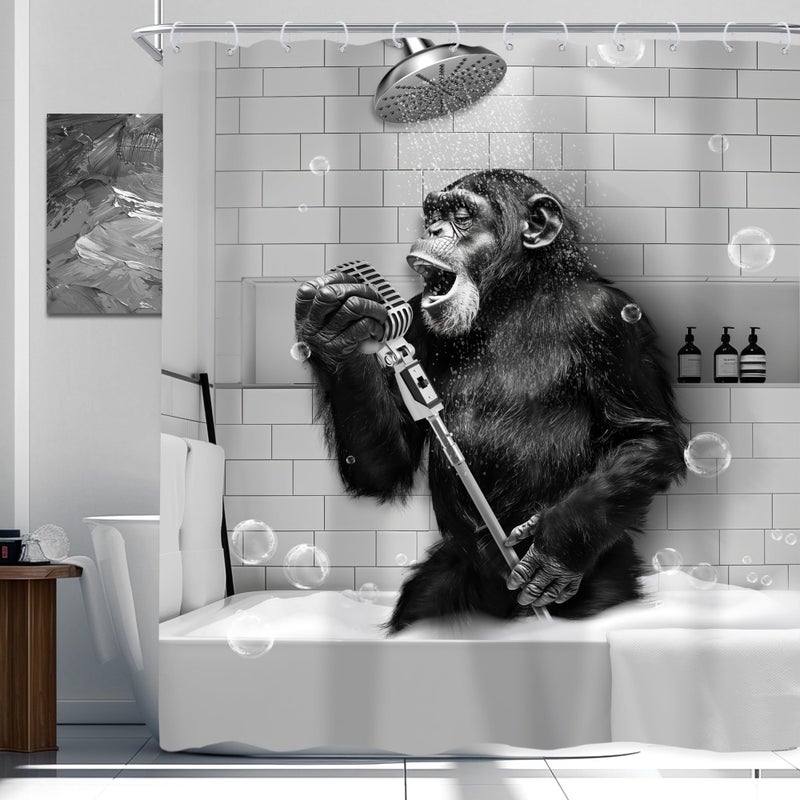 Newsely Funny Monkey Shower Curtain 72Wx72H Inch Black White Animal Chimpanzee Singing in Bathtub Men Kids Boy Shower Curtain Bathroom Set Modern Cool Waterproof Bath Decoration Accessories Home Decor - Image 1