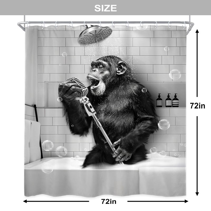 Newsely Funny Monkey Shower Curtain 72Wx72H Inch Black White Animal Chimpanzee Singing in Bathtub Men Kids Boy Shower Curtain Bathroom Set Modern Cool Waterproof Bath Decoration Accessories Home Decor - Image 5