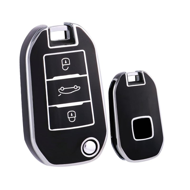 KUNIO Flip Key Case Fits Peugeot 3008 2008 4008 208 308 408 508 RCZ Fits Citroen C4L Cactus C5 C3 C6 C8 Picasso Protective TPU Car Key Case Key Case 3 Buttons Black - Image 1