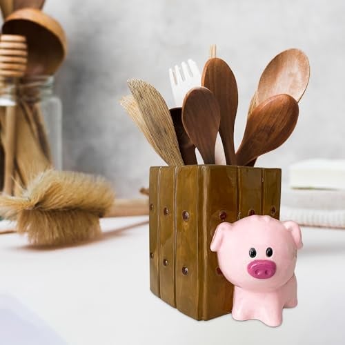 Sixdrop Pig Utensil Holder | Kitchen Crock Storage | Pig Stuff Print Accessories Decoration | Cute Hog Gifts for Women | Cerdo Pollo Animal Boar Decor | Countertop Piglet Stuff Vase - Image 4