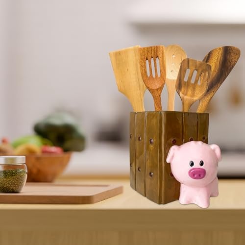 Sixdrop Pig Utensil Holder | Kitchen Crock Storage | Pig Stuff Print Accessories Decoration | Cute Hog Gifts for Women | Cerdo Pollo Animal Boar Decor | Countertop Piglet Stuff Vase - Image 5