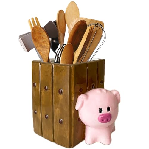 Sixdrop Pig Utensil Holder | Kitchen Crock Storage | Pig Stuff Print Accessories Decoration | Cute Hog Gifts for Women | Cerdo Pollo Animal Boar Decor | Countertop Piglet Stuff Vase - Image 1