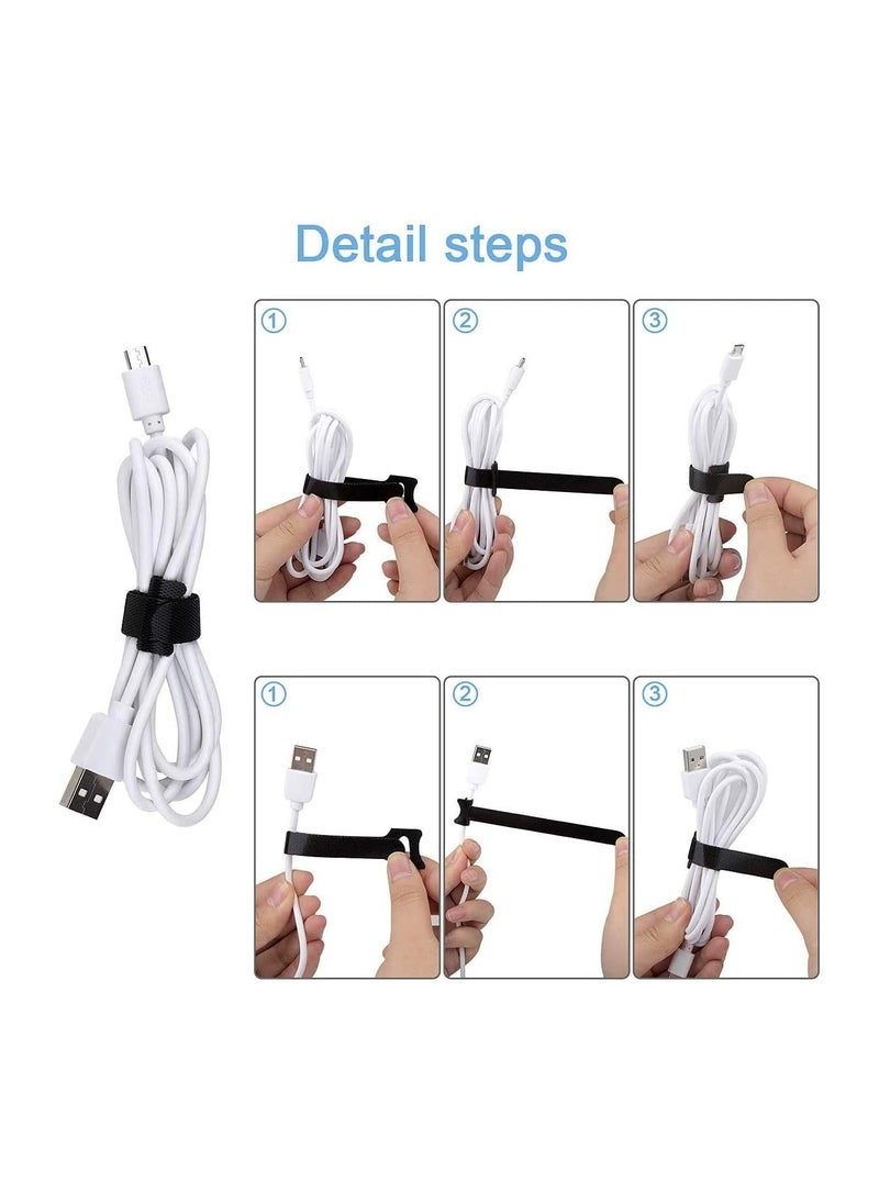 50 PCS Reusable Fastening Cable Ties 8 Inch Premium Adjustable Cord Ties Black Cord Organization Straps Microfiber Hook Loop Cable Management Wire Organizer Wrap