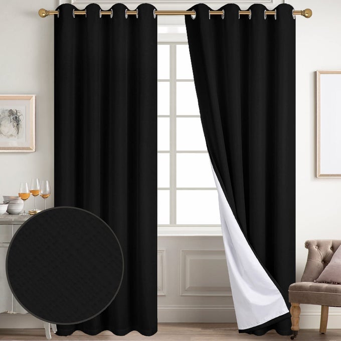 100 BLACKOUT CURTAINS BLACK LINEN CURTAINS FOR BEDROOM GROMMET THERMAL INSULATED ROOM DARKENING DRAPES 2 PANELS W52 X L84 INCH