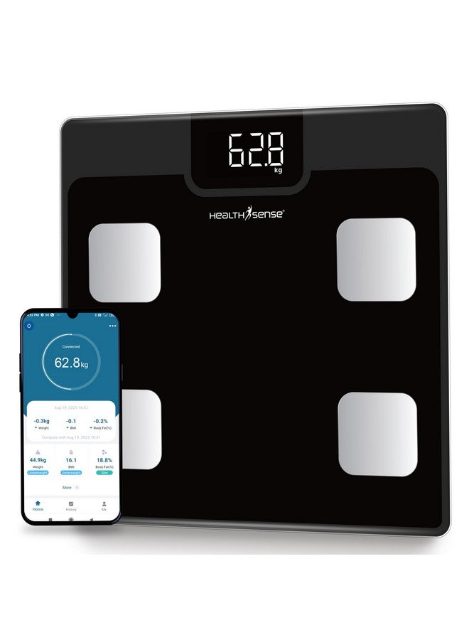 هيلث سينس جهاز قياس الوزن HealthSense Bluetooth BMI لقياس وزن الجسم، محلل رقمي لدهون الجسم ومقياس ذكي لتكوين الجسم مع تطبيق جوال، 12 معلمة للجسم، شاشة LED وضمان لمدة عام - BS161، 150 كجم - Image 1