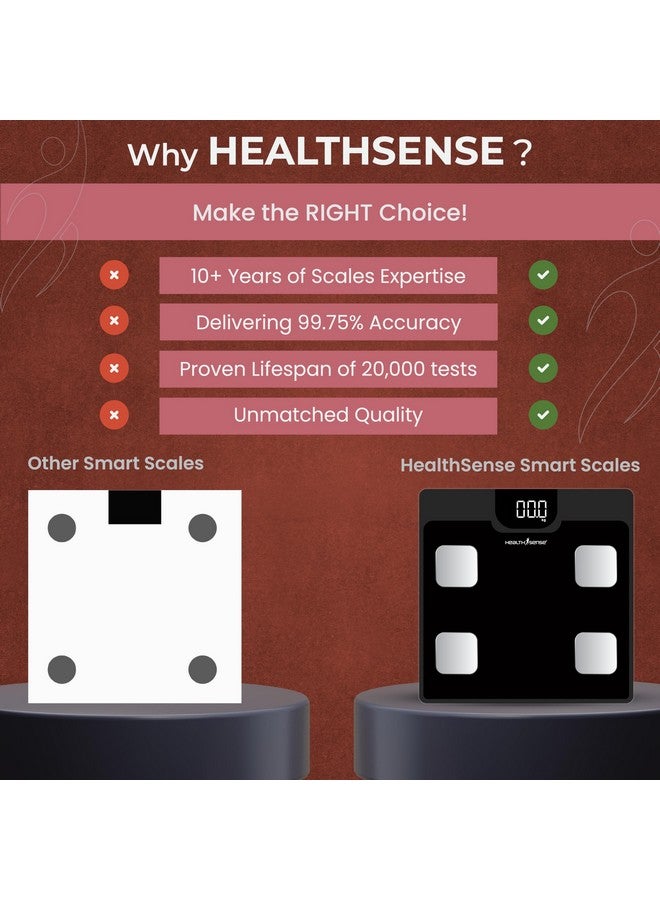 هيلث سينس جهاز قياس الوزن HealthSense Bluetooth BMI لقياس وزن الجسم، محلل رقمي لدهون الجسم ومقياس ذكي لتكوين الجسم مع تطبيق جوال، 12 معلمة للجسم، شاشة LED وضمان لمدة عام - BS161، 150 كجم - Image 2