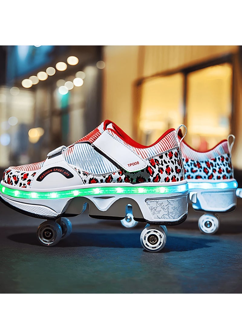 دراكسون حذاء عجلات تزلج مزدوجة الصف ملونة بضوء وامض للجنسين البالغين والأطفال 2 في 1 أحذية تزلج قابلة للإزالة والسحب بكرة دوارة حذاء رياضي مع دلاغات رياضية - Image 5
