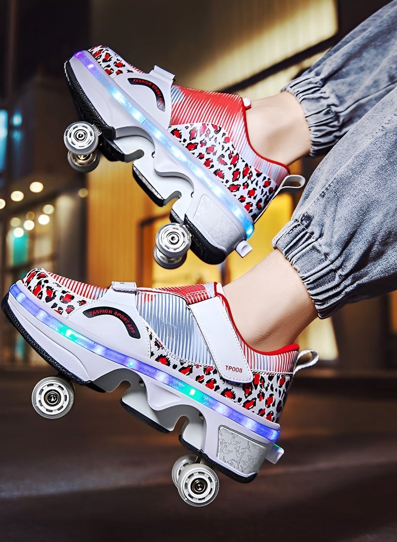 دراكسون حذاء عجلات تزلج مزدوجة الصف ملونة بضوء وامض للجنسين البالغين والأطفال 2 في 1 أحذية تزلج قابلة للإزالة والسحب بكرة دوارة حذاء رياضي مع دلاغات رياضية - Image 3