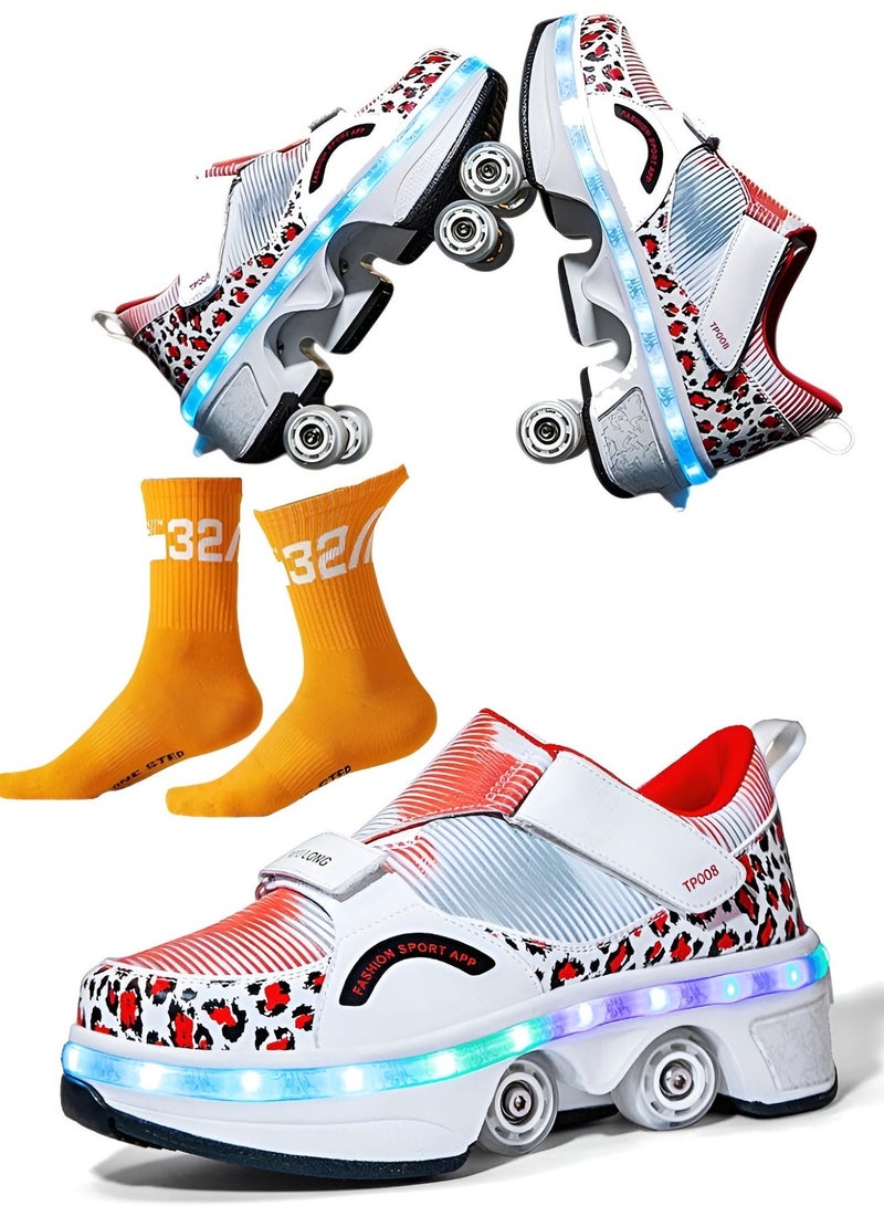دراكسون حذاء عجلات تزلج مزدوجة الصف ملونة بضوء وامض للجنسين البالغين والأطفال 2 في 1 أحذية تزلج قابلة للإزالة والسحب بكرة دوارة حذاء رياضي مع دلاغات رياضية - Image 4