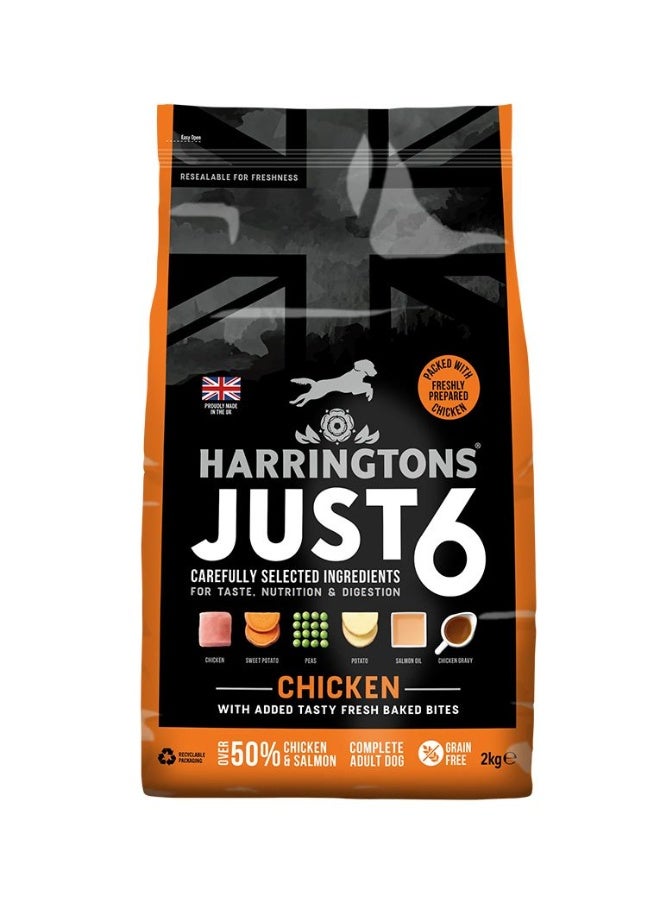 Harringtons Just 6 Chicken Grain Free Adult Dry Dog Food is a premium, limited-ingredient recipe designed to provide adult dogs with natural, wholesome, and balanced nutrition. Made with only six carefully selected ingredients, including high-quality chicken, it delivers essential protein to maintain lean muscles and overall health.  The grain-free formulation makes it ideal for dogs with sensitive stomachs or food intolerances, ensuring gentle digestion and effective nutrient absorption. Enriched with essential vitamins, minerals, and nutrients, it supports strong immunity, healthy skin, and a shiny coat.  Harringtons Just 6 Chicken Grain Free Adult Dry Dog Food offers a simple, natural, and delicious daily meal, keeping your adult dog happy, healthy, and thriving. - Image 1