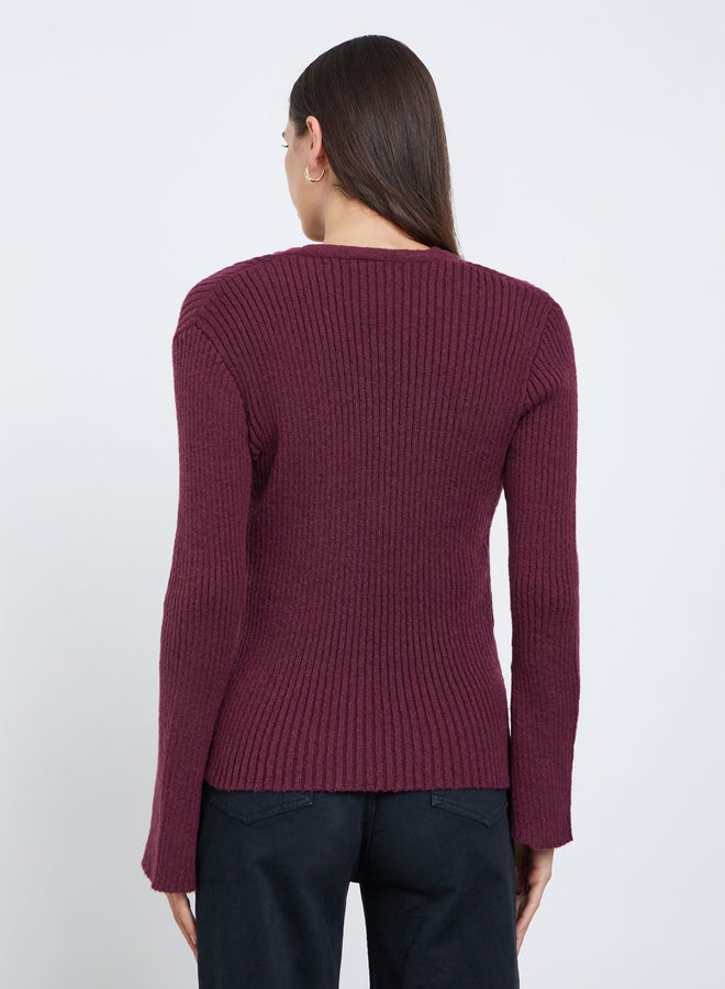 Styli Burgundy Ribbed Button-Down Knit Top with Bell Sleeves - Image 4