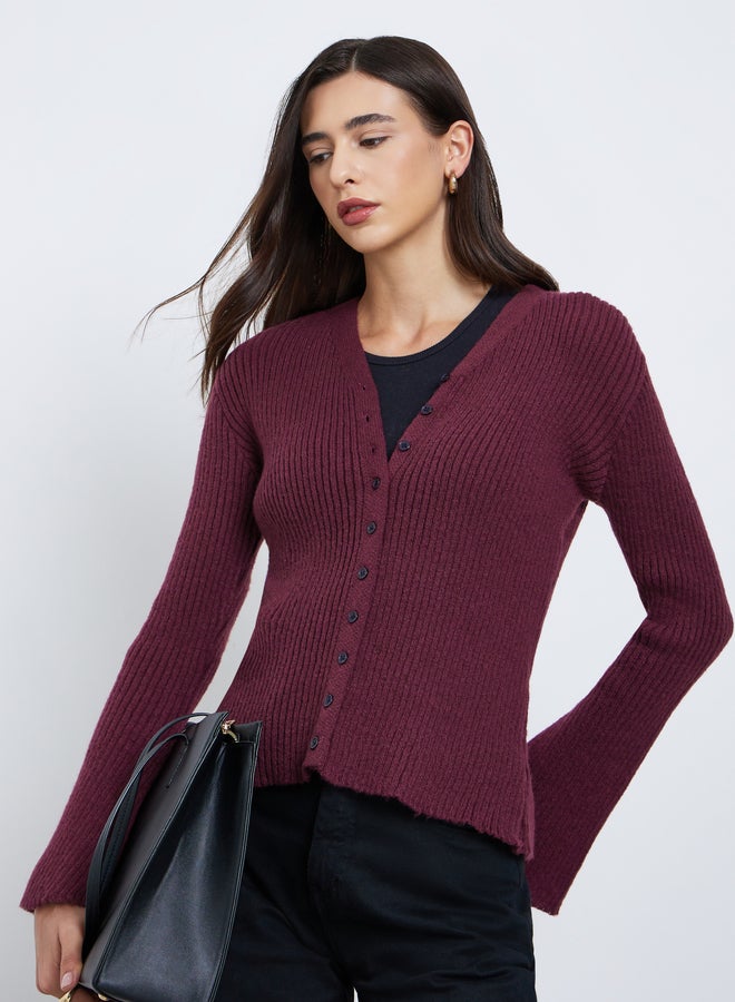 Styli Burgundy Ribbed Button-Down Knit Top with Bell Sleeves - Image 1