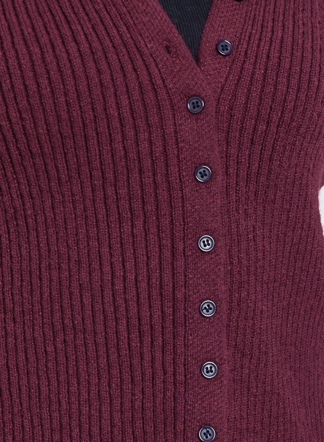 Styli Burgundy Ribbed Button-Down Knit Top with Bell Sleeves - Image 3